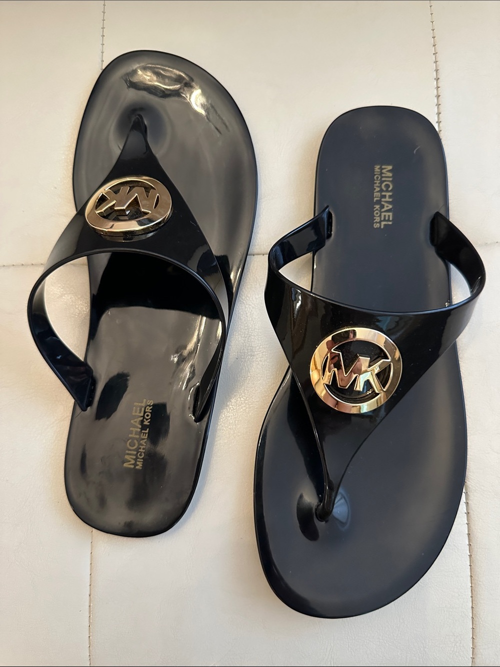 Michael Kors Black Jelly Thong Sandals with Gold Logo